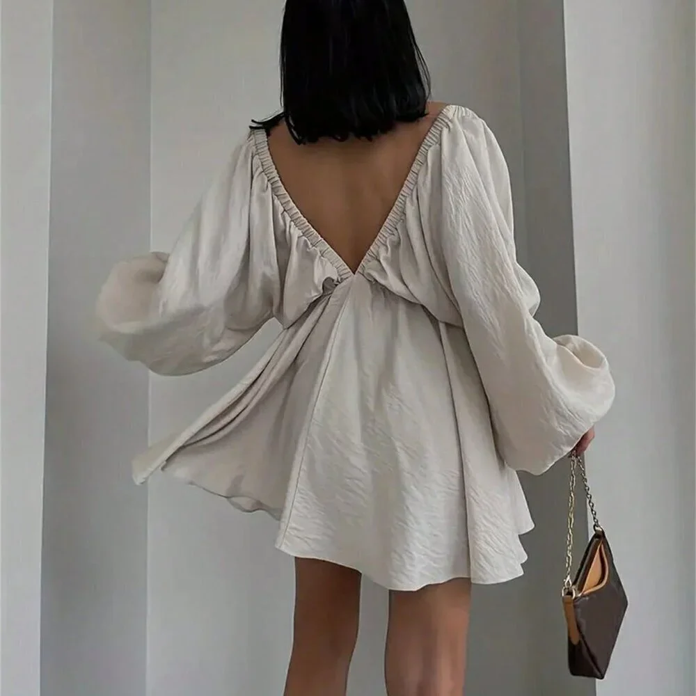 Apricot Sexy Women's Solid Color V-Neck Lantern Sleeve Dress - Picture 2 of 3